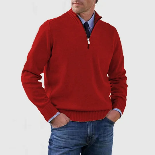Men's Elegant Knit Zip Quarter Sweater - Red