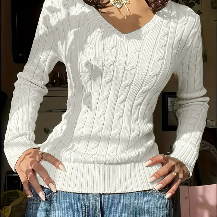 Elegant Women'S Solid Color V-Neck Textured Fabric Comfortable Long Sleeve Sweater
