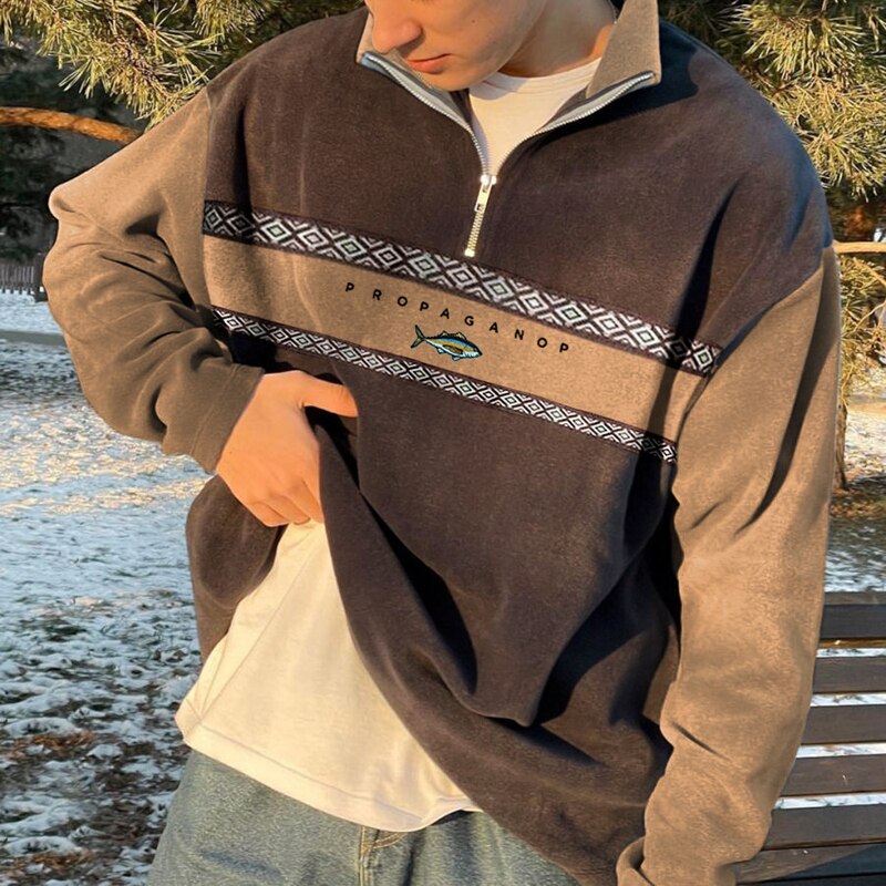 Oversized Quarter Zip Sweater Men - Brown