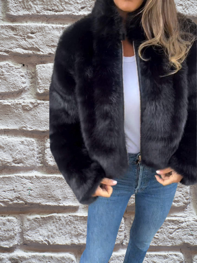 Women's Stylish Winter Faux Fur Coat - Black