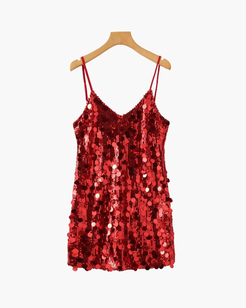 Women's Tank Sequin V-Neck Mini Going Out Top - Red