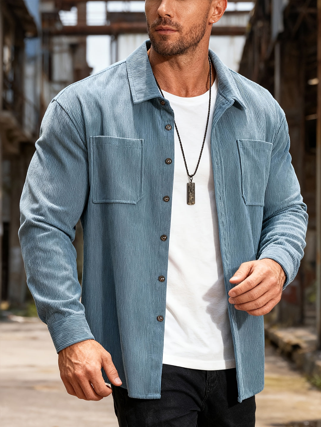 Men's Lapel Collar Double Pocket Overshirt