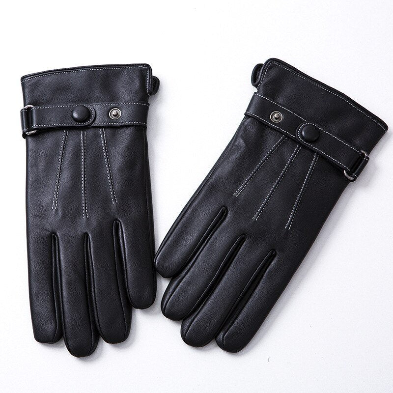 Men's Stylish Warm Winter Leather Gloves - Black