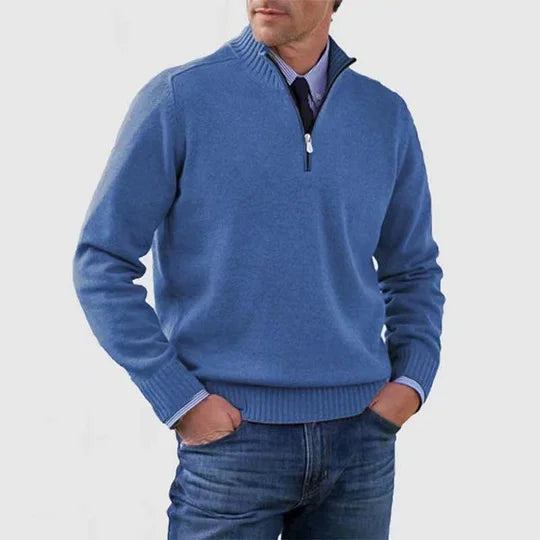 Men's Elegant Knit Zip Quarter Sweater - Blue