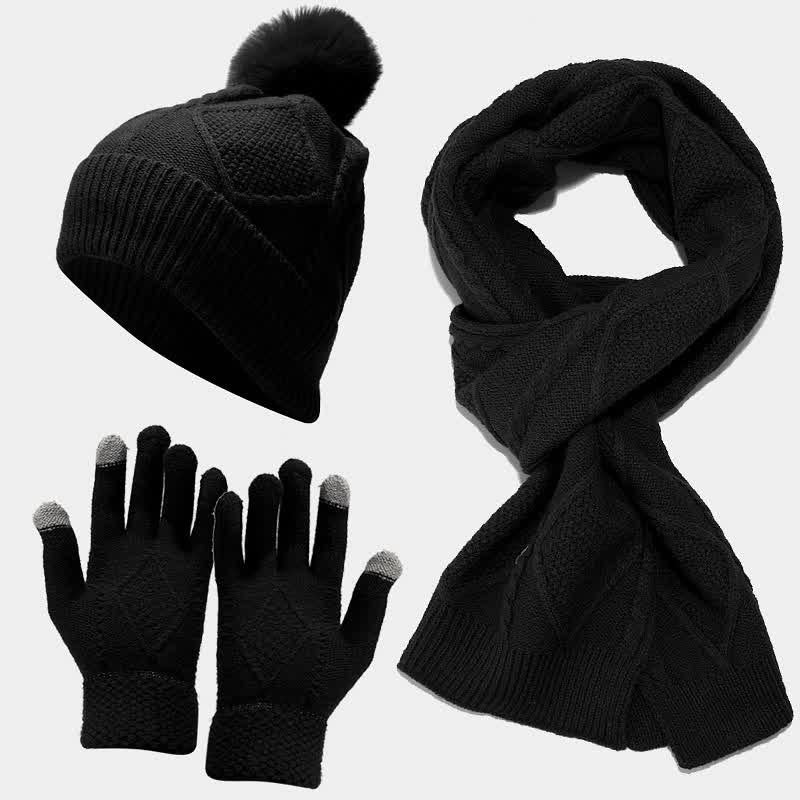 Women's Classic Warm Winter Knit Gloves Set - Black