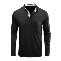 Men's Long-Sleeve Cotton Knit Polo Shirt with a Stand Collar