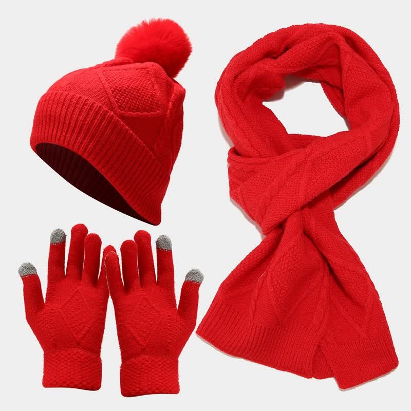Women's Classic Warm Winter Knit Gloves Set - Red