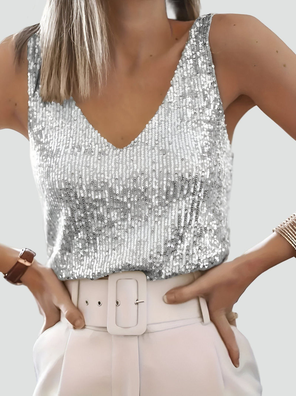 Tank Sparkly V-Neck Sequin Top - Light grey