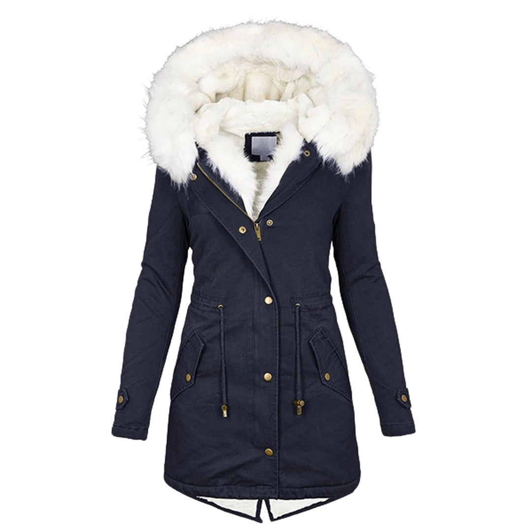 Women's Classic Winter Hooded Faux Fur Coat - Navy Blue