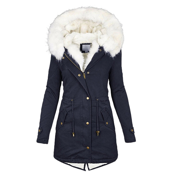 Women's Classic Winter Hooded Faux Fur Coat - Navy Blue