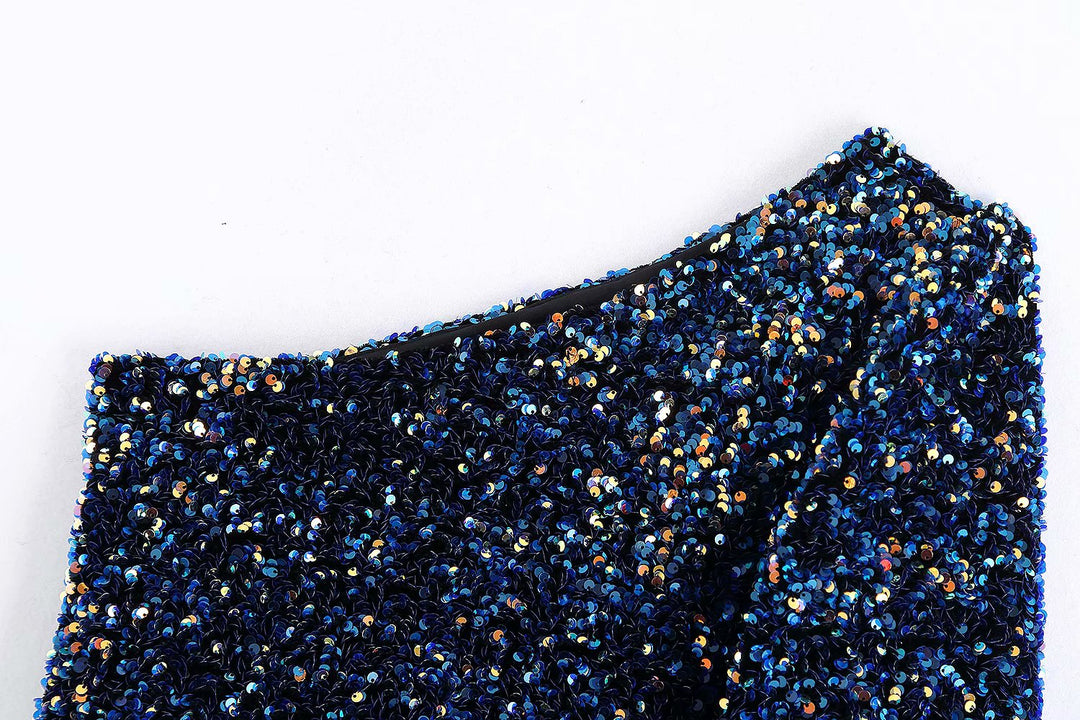 Long Sleeve Crop Sparkly Sequin Top - Blue-Gold