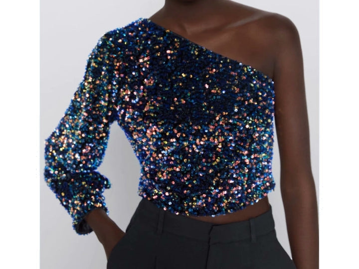 Long Sleeve Crop Sparkly Sequin Top - Blue-Gold