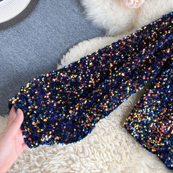 Long Sleeve Crop Sparkly Sequin Top - Blue-Gold