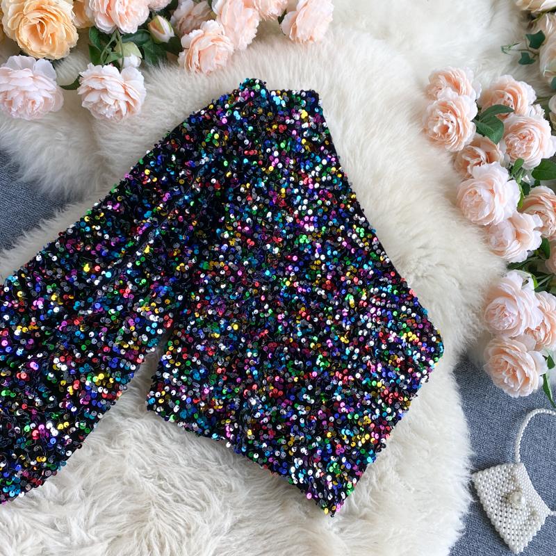 Long Sleeve Crop Sparkly Sequin Top - Blue-Gold
