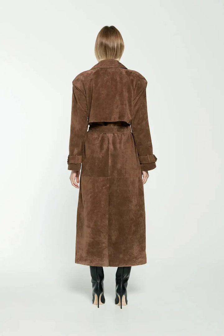 Women's Suede Belted Long Trench Coat