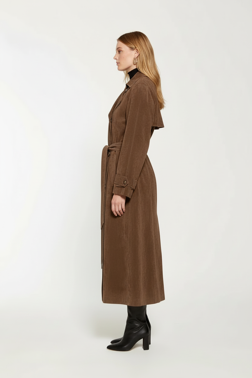 Women's Suede Belted Long Trench Coat