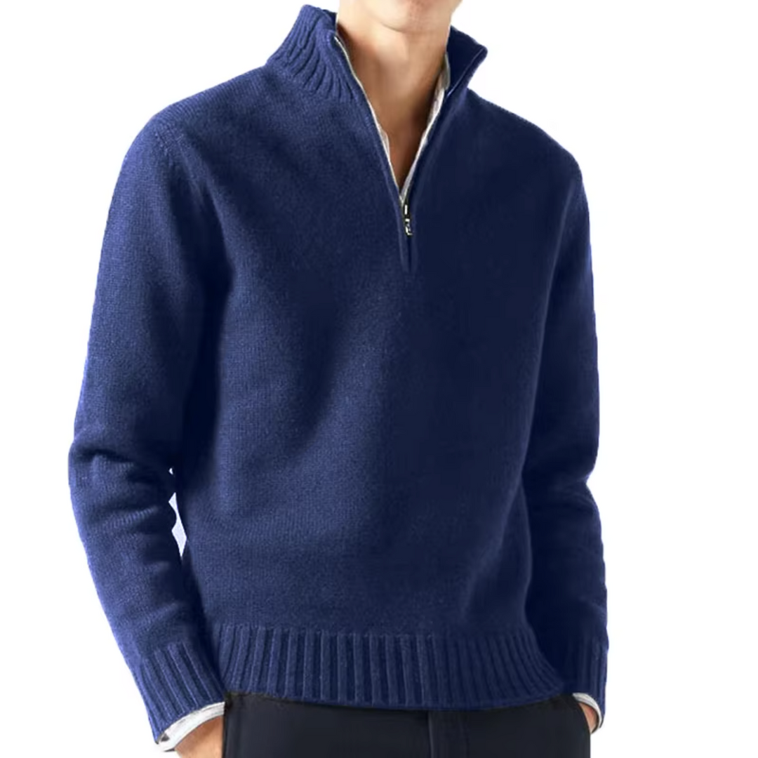 Men's Wool Knit Quarter Zip Sweater - Navy