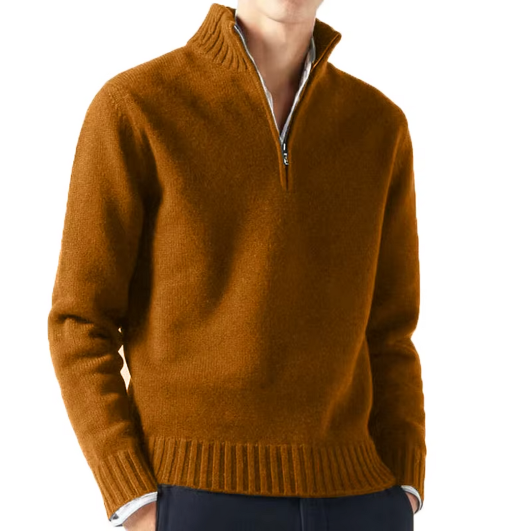 Men's Wool Knit Quarter Zip Sweater - Brown