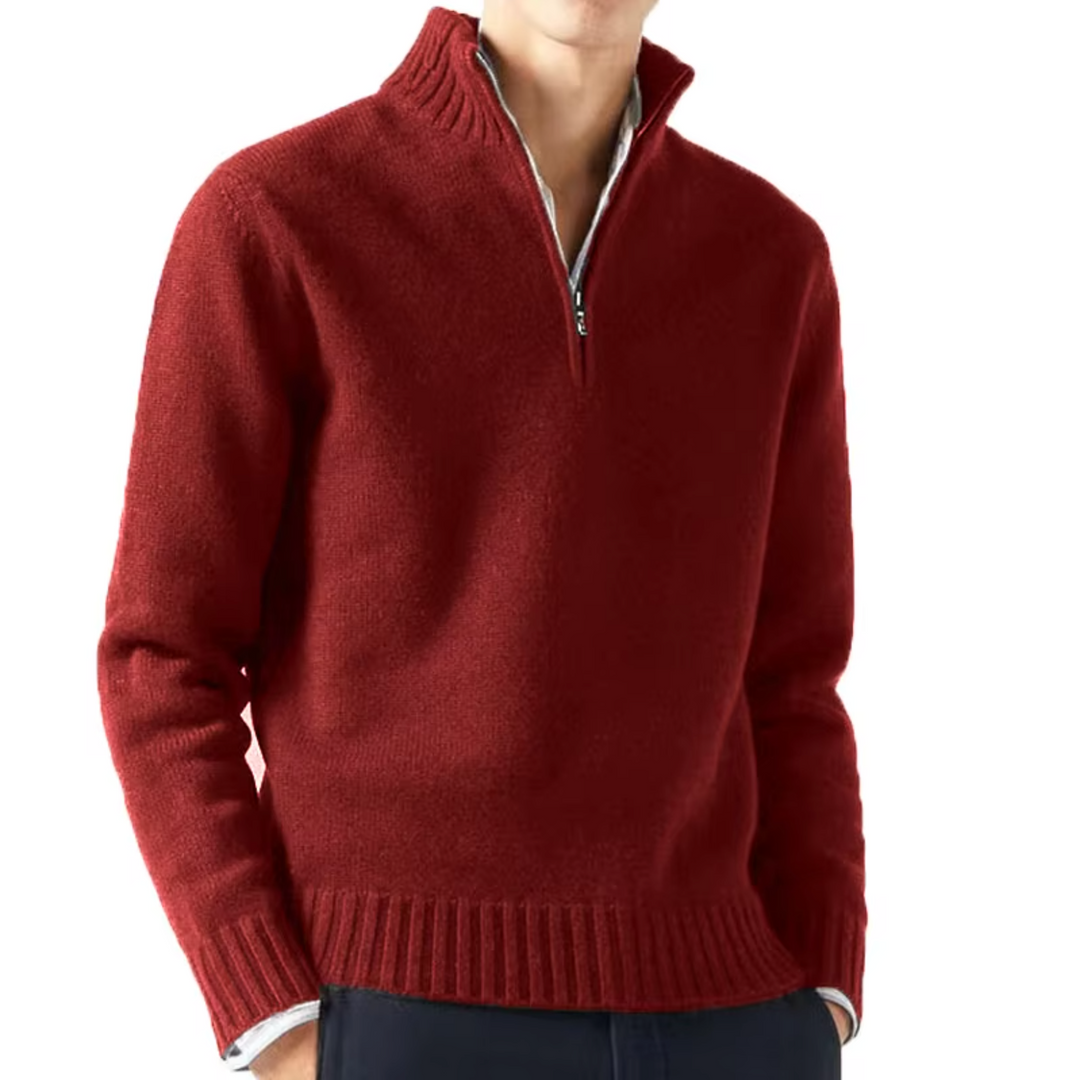 Men's Wool Knit Quarter Zip Sweater - Dark Red
