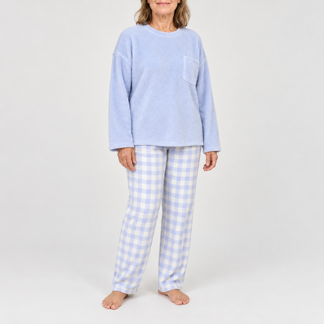 Women's Checked Long-Sleeve Matching Long Pajama Set - Blue