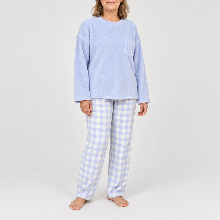 Women's Checked Long-Sleeve Matching Long Pajama Set - Blue