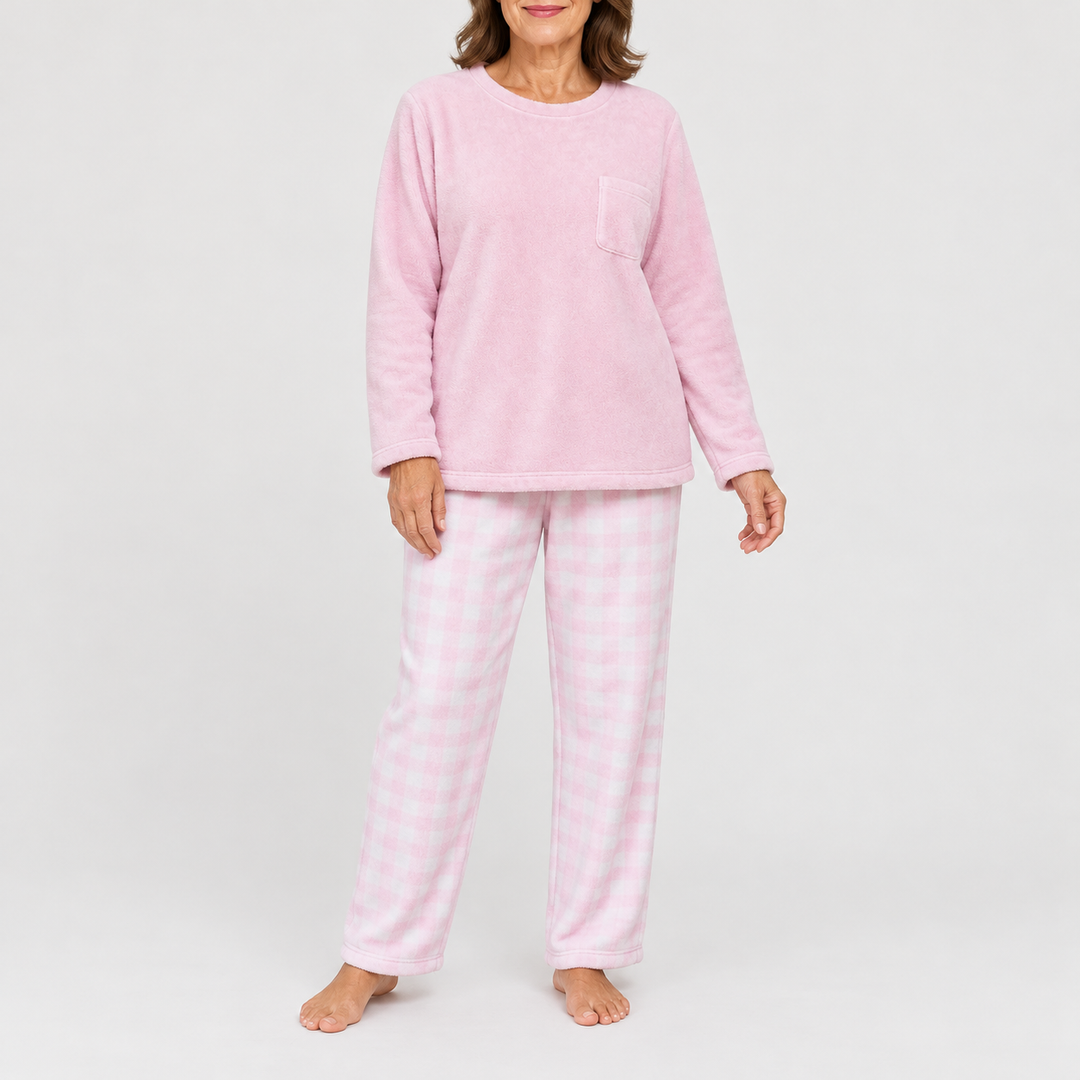 Women's Checked Long-Sleeve Matching Long Pajama Set - Pink