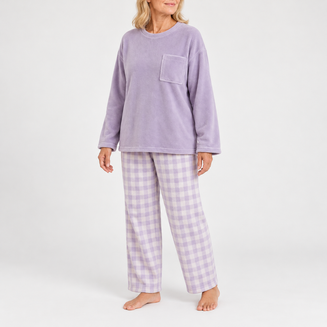 Women's Checked Long-Sleeve Matching Long Pajama Set - Purple