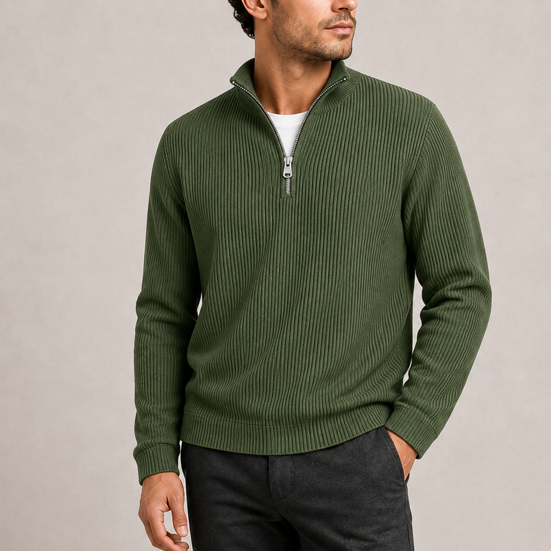 Men's Ribbed Quarter Zip Knitted Sweater - Olive Green
