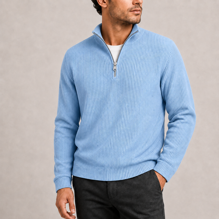 Men's Ribbed Quarter Zip Knitted Sweater - Baby Blue