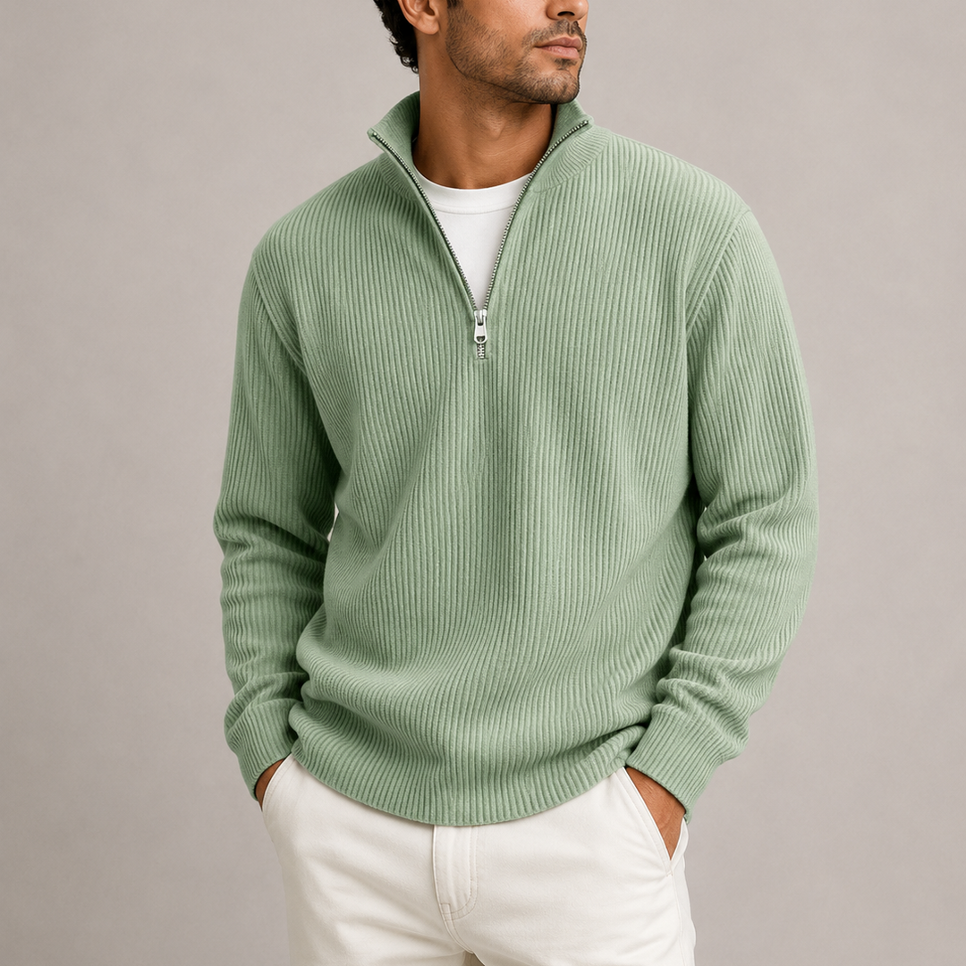 Men's Ribbed Quarter Zip Knitted Sweater - Mint