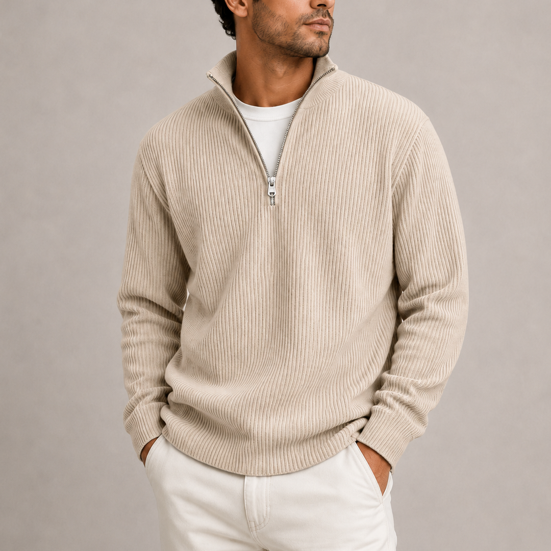 Men's Ribbed Quarter Zip Knitted Sweater - Cream