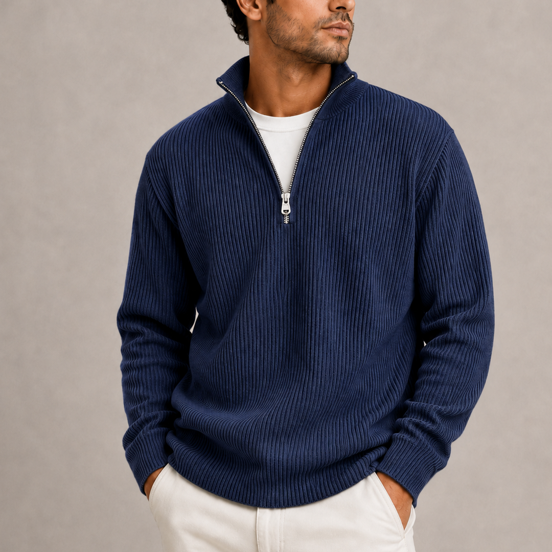 Men's Ribbed Quarter Zip Knitted Sweater - Navy