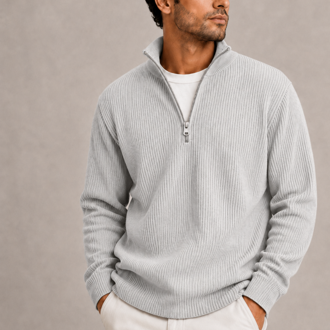Men's Ribbed Quarter Zip Knitted Sweater - Grey
