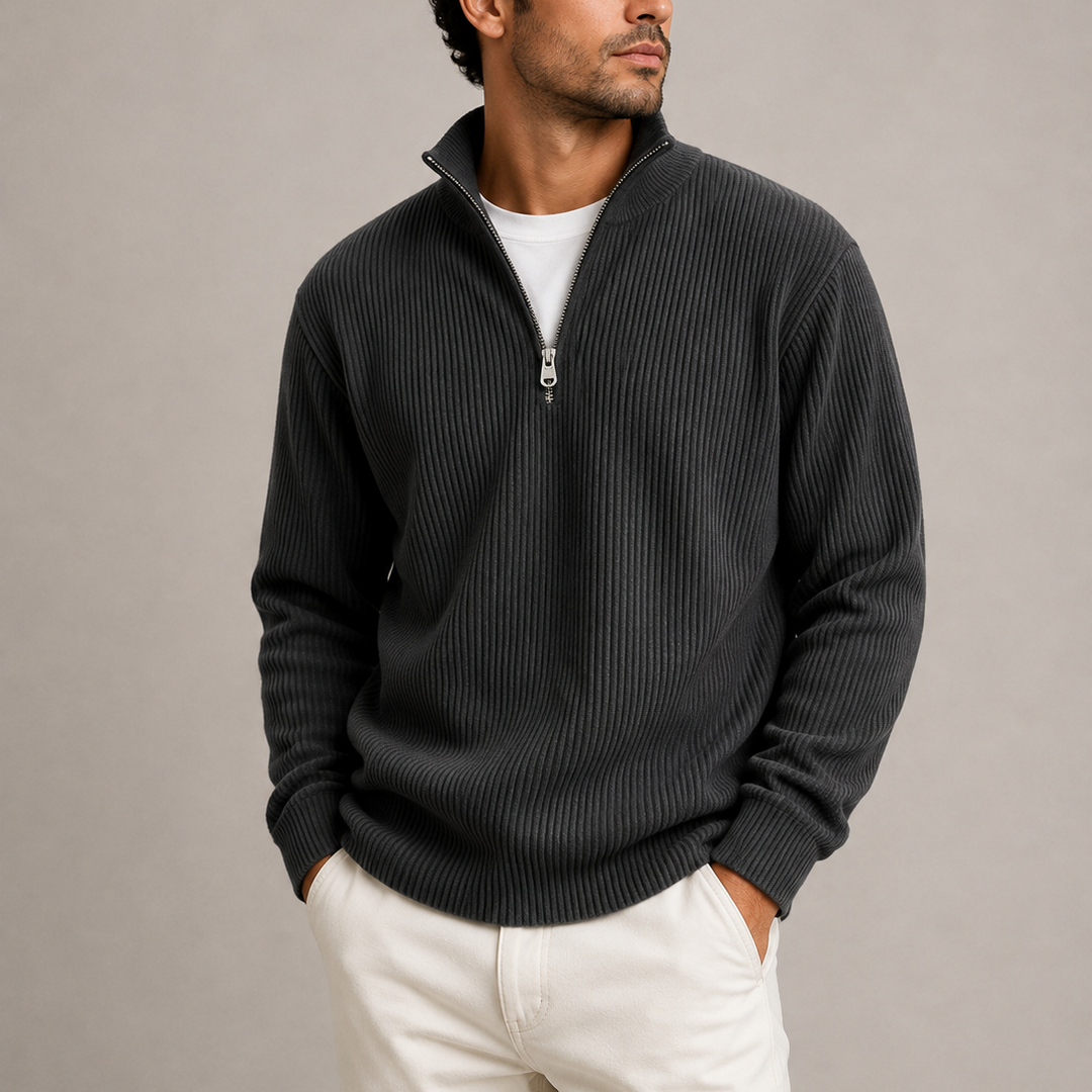 Men's Ribbed Quarter Zip Knitted Sweater - Black