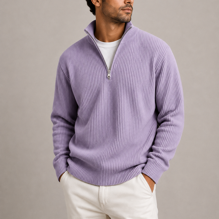 Men's Ribbed Quarter Zip Knitted Sweater - Purple
