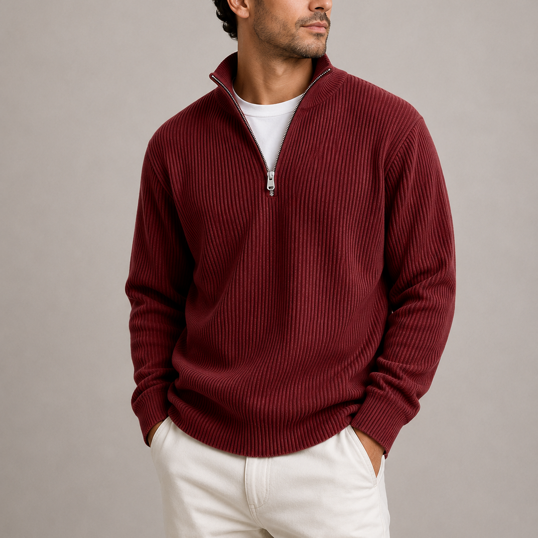 Men's Ribbed Quarter Zip Knitted Sweater - Red