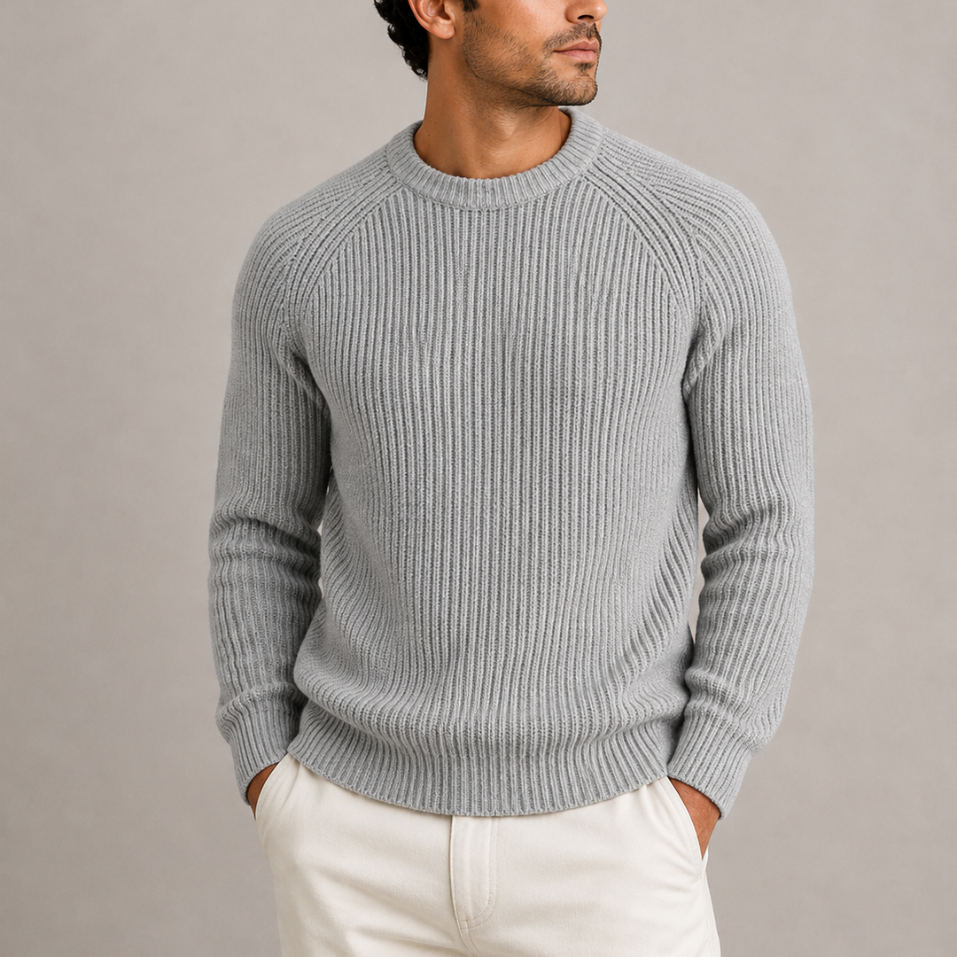 Men's Fisherman Rib Crew Neck Knitted Sweater - Grey
