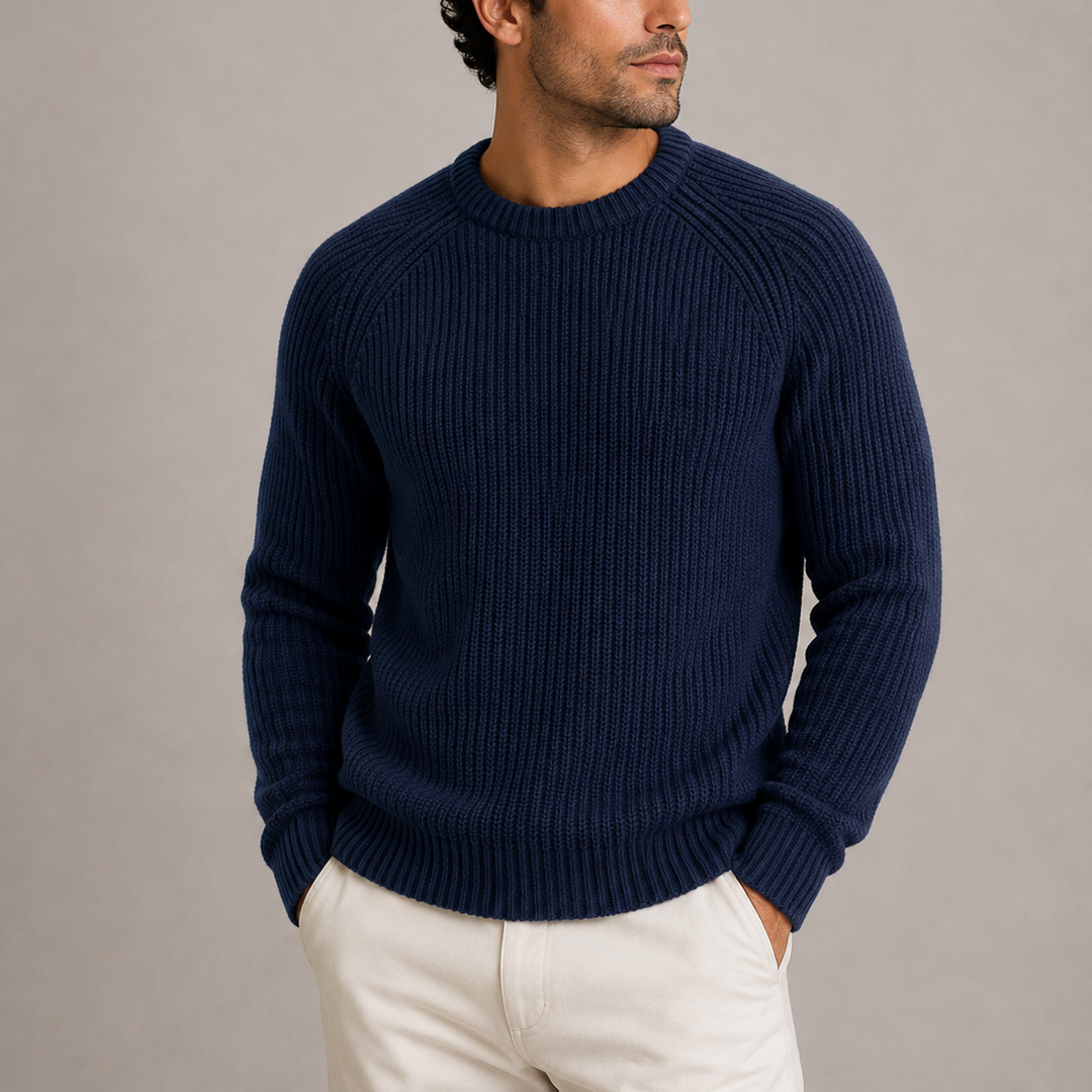 Men's Fisherman Rib Crew Neck Knitted Sweater - Navy