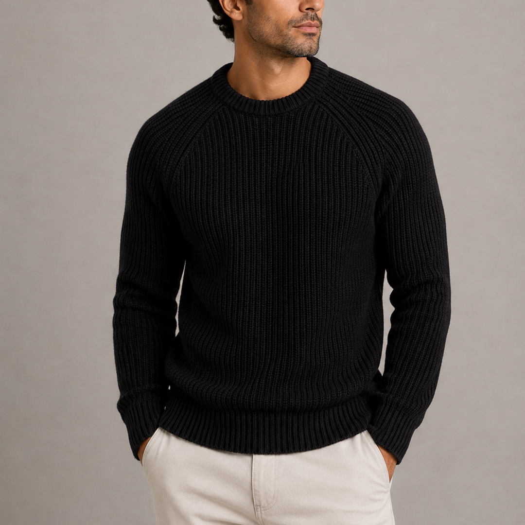Men's Fisherman Rib Crew Neck Knitted Sweater - Black
