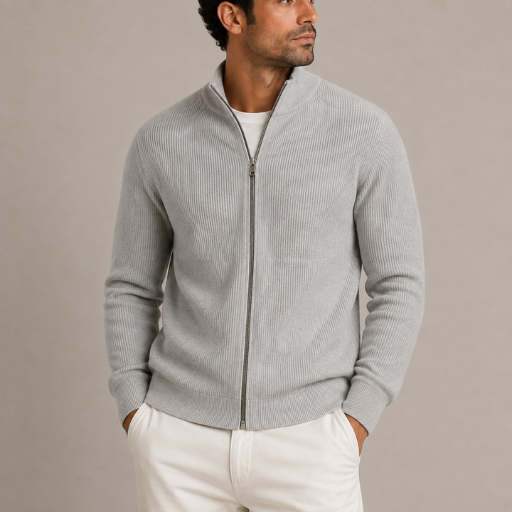Knit Full Zip Stand Collar Knitted Sweater Men - Light Grey