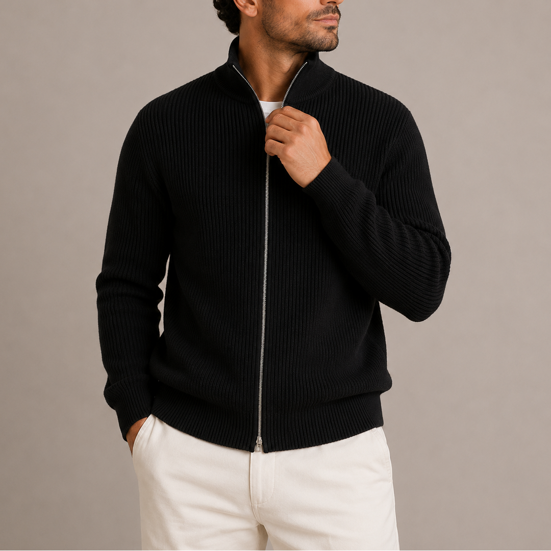 Knit Full Zip Stand Collar Knitted Sweater Men - Black