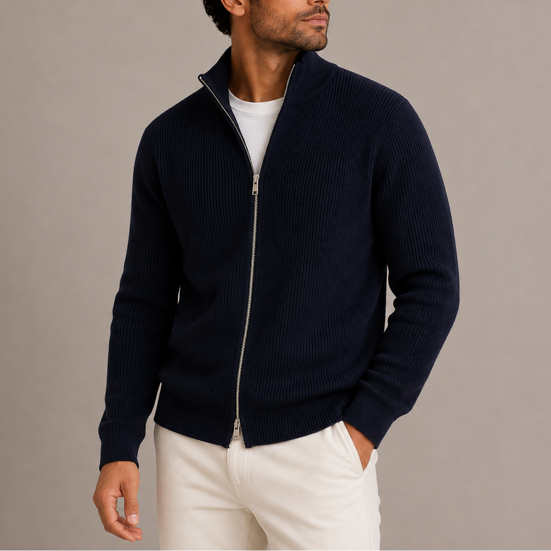 Knit Full Zip Stand Collar Knitted Sweater Men - Navy
