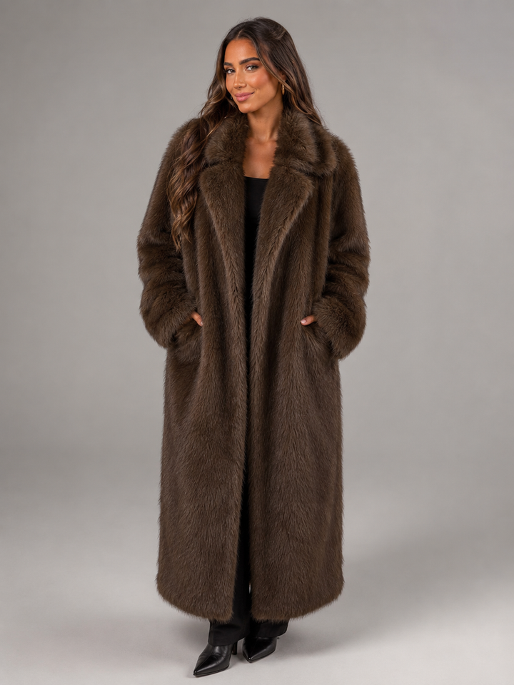 Women's Winter Satin-Lined Long Faux Fur Mink Coat - Brown