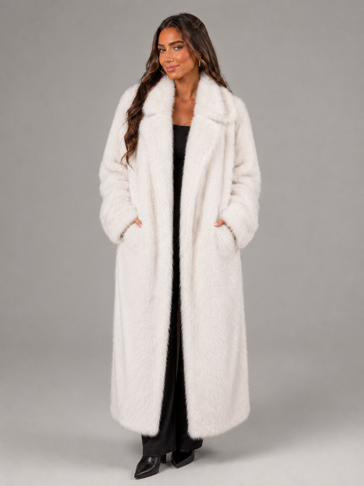 Women's Winter Satin-Lined Long Faux Fur Mink Coat - Beige