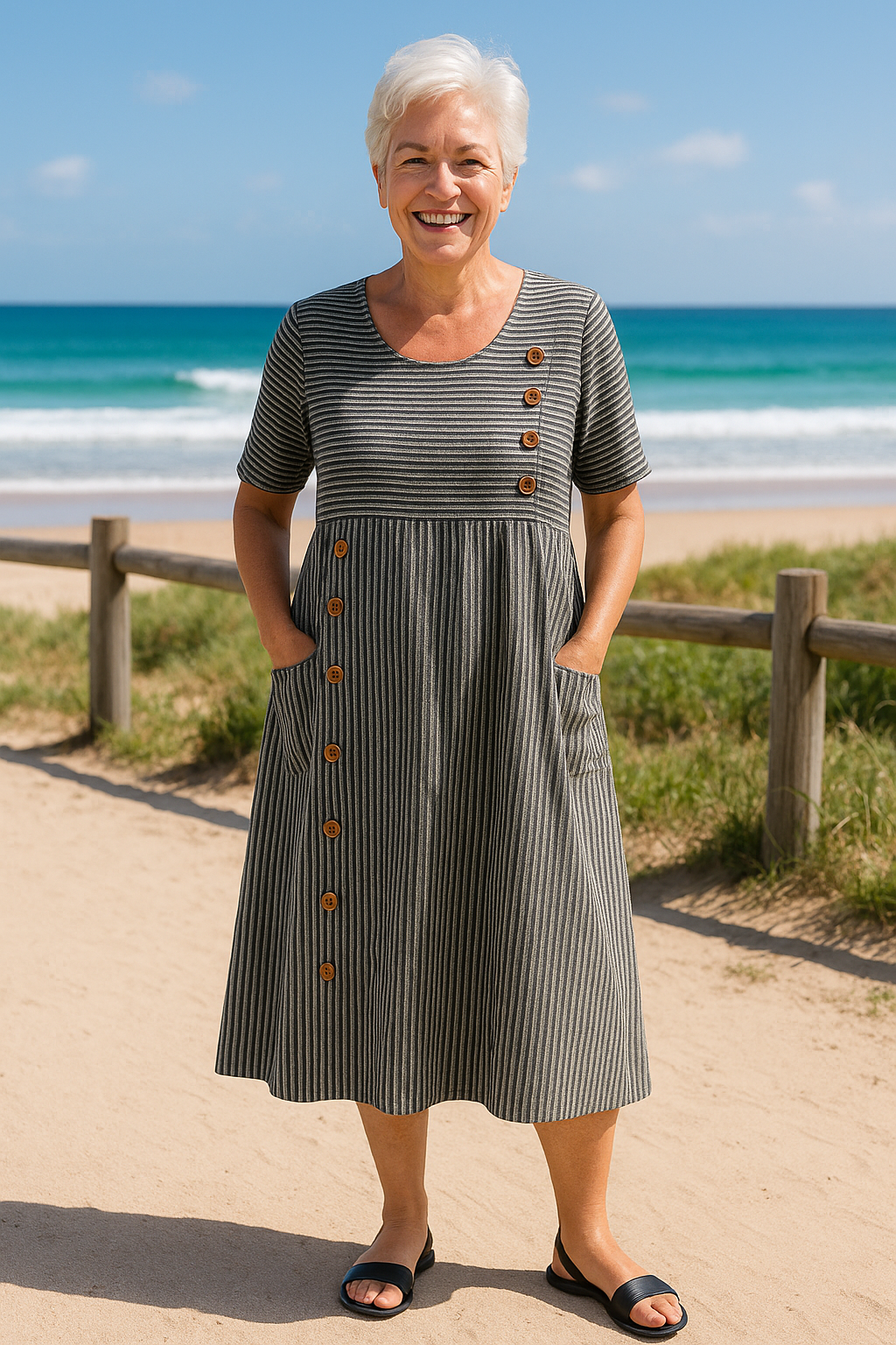 Brienne | Striped Button-Detail Midi Dress