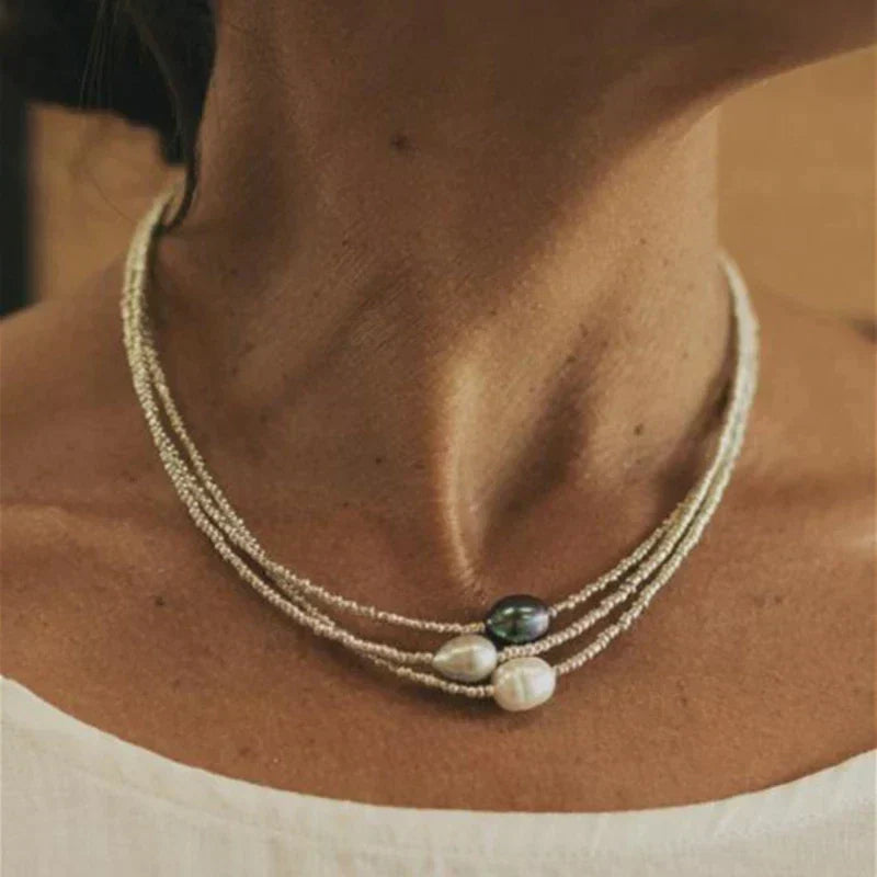 Women's Elegant Pendant Pearl Necklace - White and Dark Grey