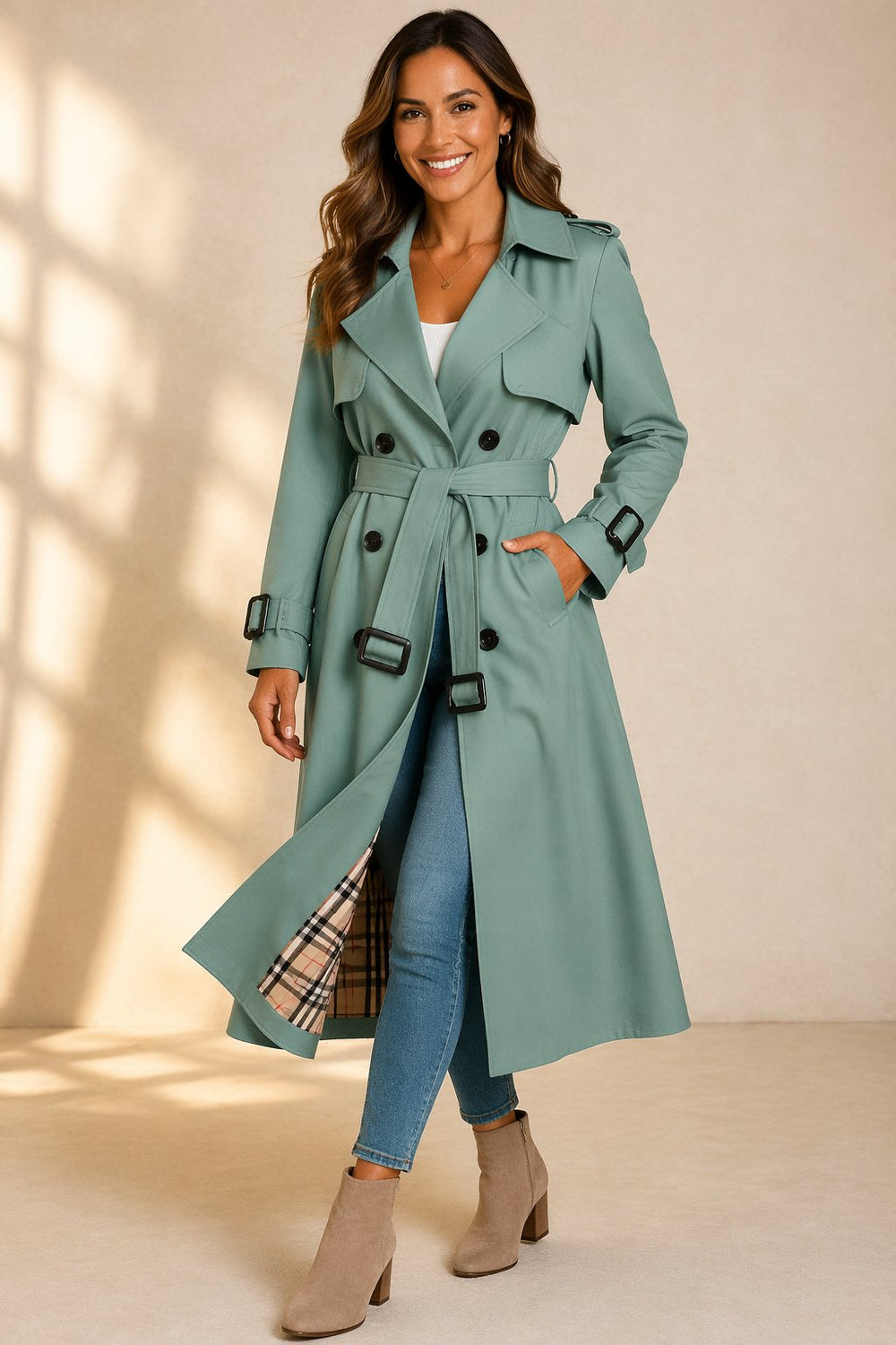 Women's Double-Breasted Belted Long Peacoat - Green