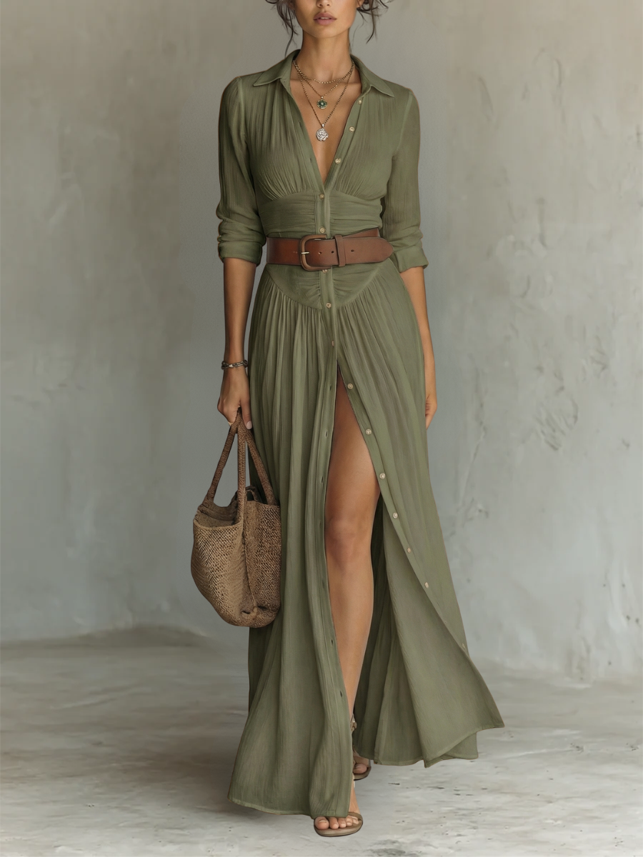 Arlène | Pleated Maxi Shirt Dress