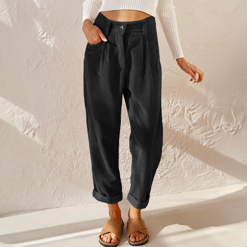 Women's Wide Leg Cord Long Gaucho Pants - Black