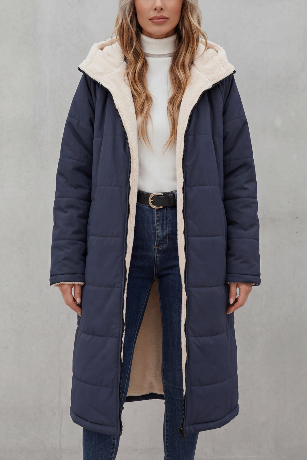 Sherpa Long Puffer Fleece Winter Jacket - Dark Blue